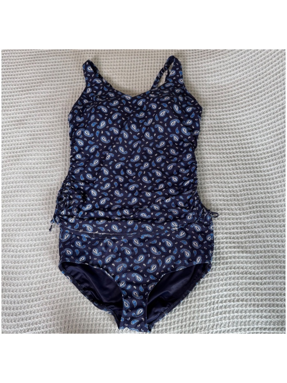 Lands End Tankini Swim Set Womens 16 DDD Navy Blue Paisley Top Bottoms Swimsuit